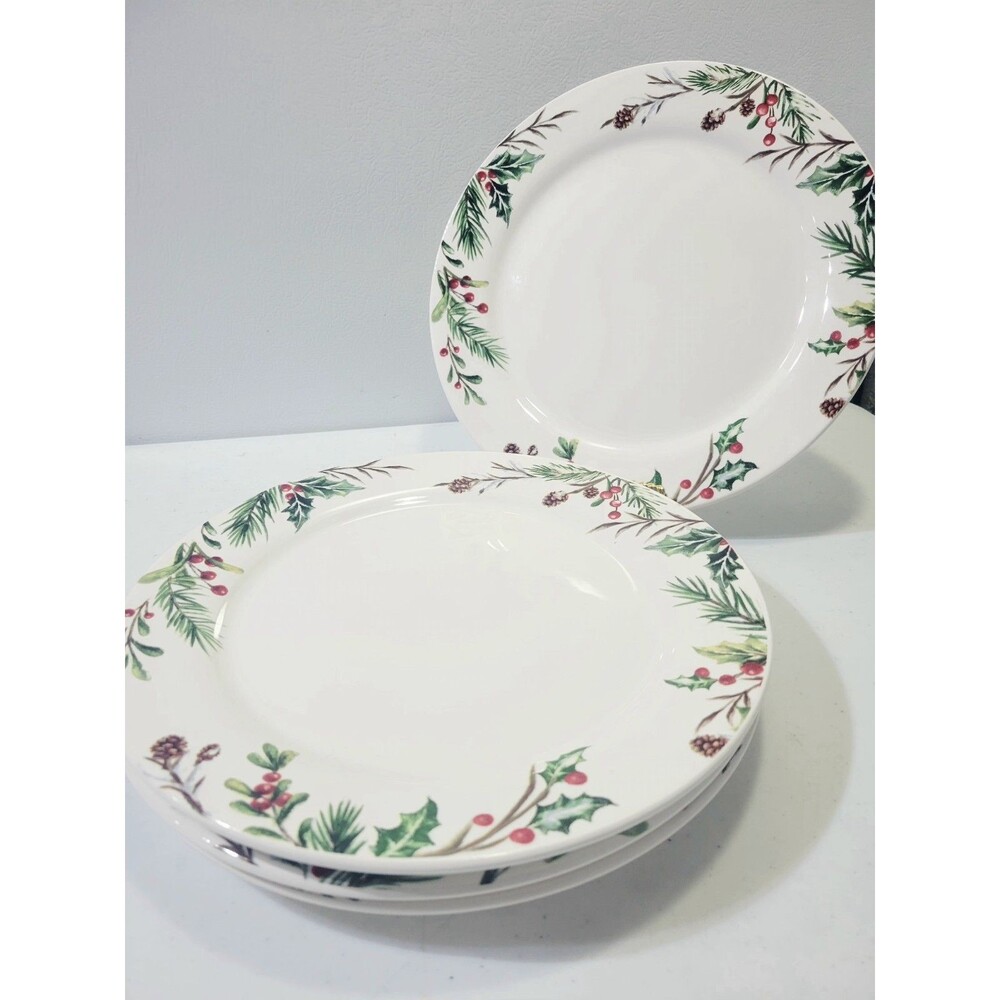Pier 1 Imports WINTER WONDERS 10.5" Dinner Plate Set 4 Christmas Holly Pine